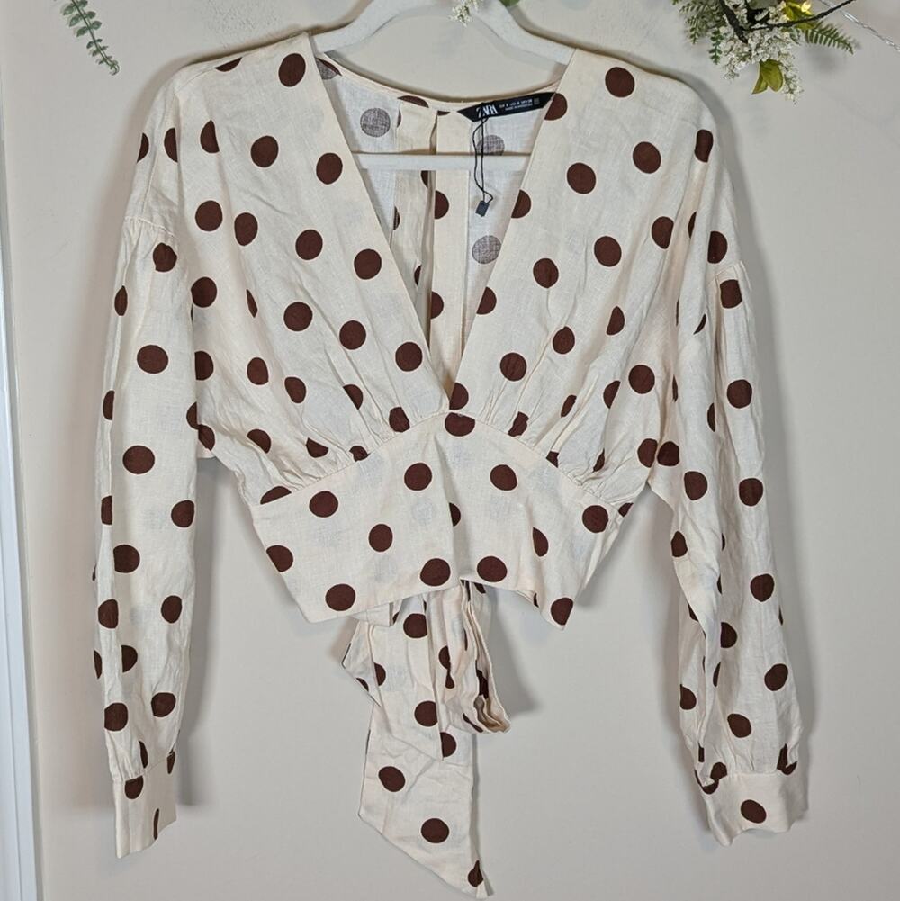 Zara Linen Cream Brown Polka Dot Tie Cropped Blouse
